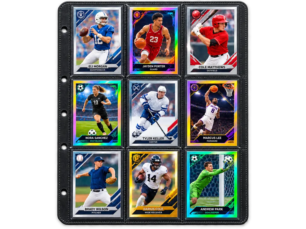A binder page photographed flat from directly above. All nine pockets are filled, the cards sit straight, and the page's own edges and ring holes are inside the frame.