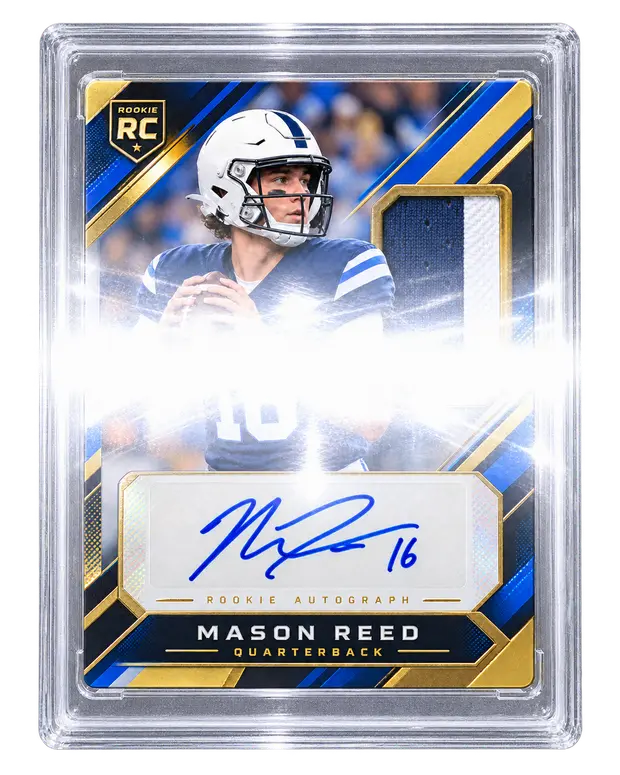 A slabbed card shot with flash. A white blowout runs across the middle of the case, taking the center of the card with it.