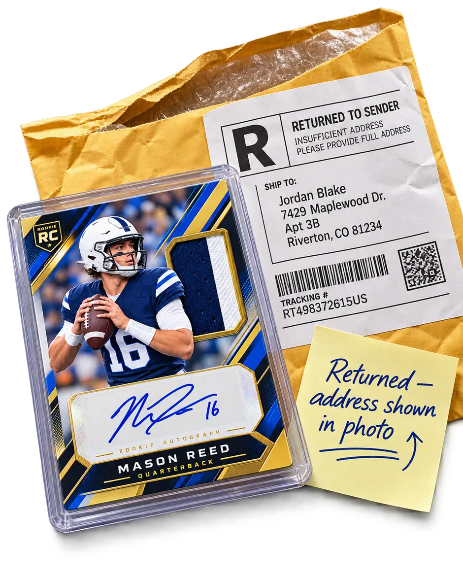 A slabbed card resting on a padded envelope whose shipping label shows a full name and street address, with a note reading that the address is visible in the photograph.
