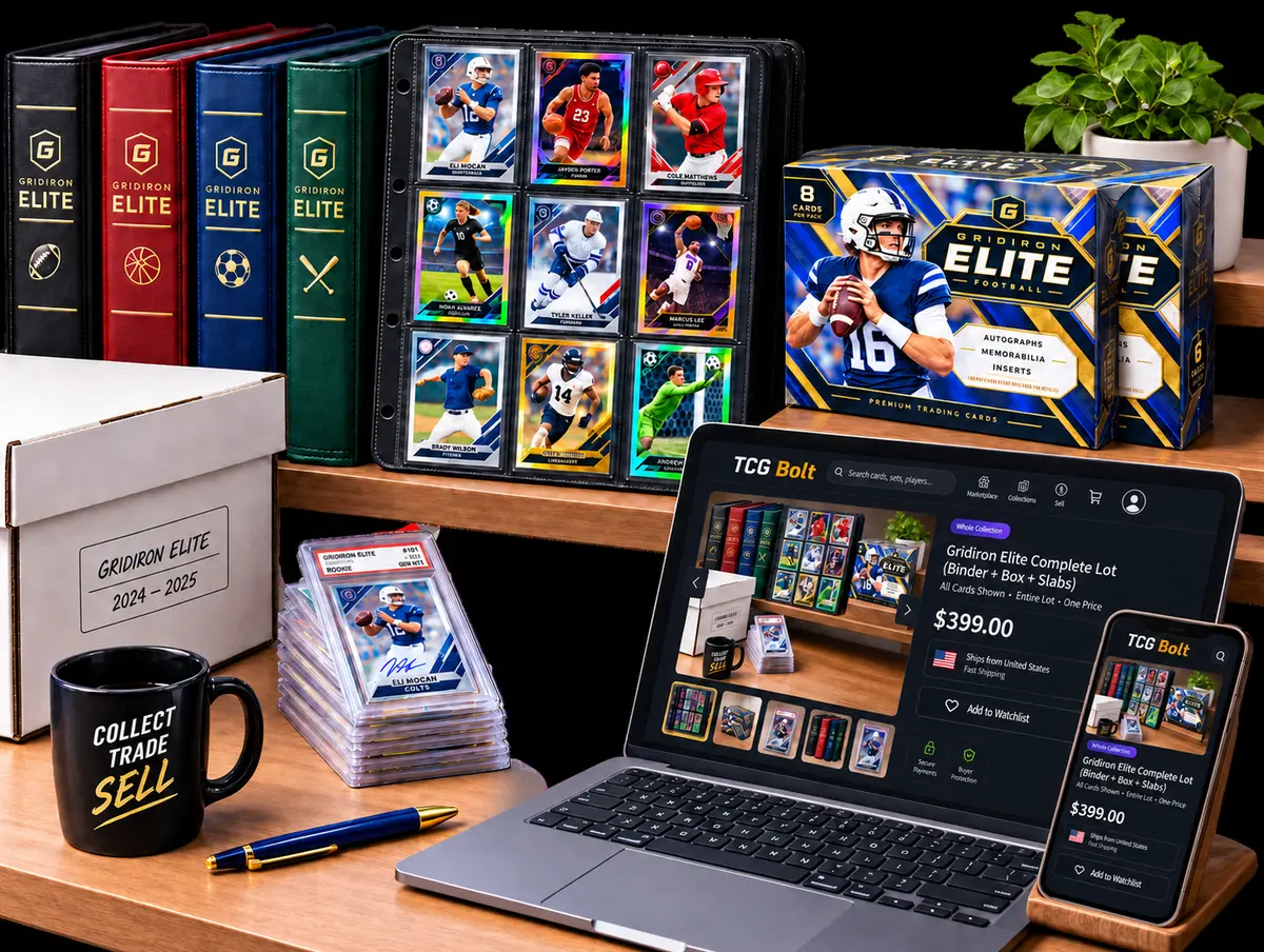 A collection at home on its owner's shelf — binders upright, a storage box, slabbed cards stacked on the desk — with a laptop and phone beside them showing the whole lot listed at one price.
