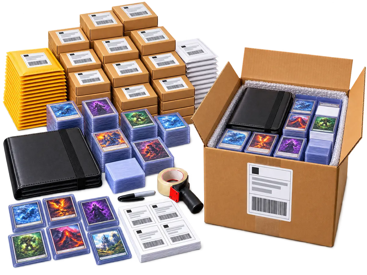 The same collection prepared two ways. On the left, fifteen labeled parcels, a stack of bubble mailers, a sheet of printed labels and a tape gun. On the right, one box, taped once, with a single label.
